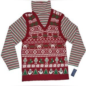 Genuine American Rag Ugly Christmas Sweater Turtleneck Red Green Stripes Vest